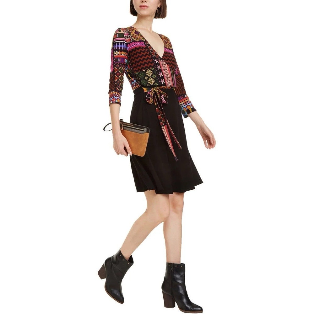 Desigual Faux Wrap Flared Dress Womens M Multicolour Boho Mini 19SWVKX5